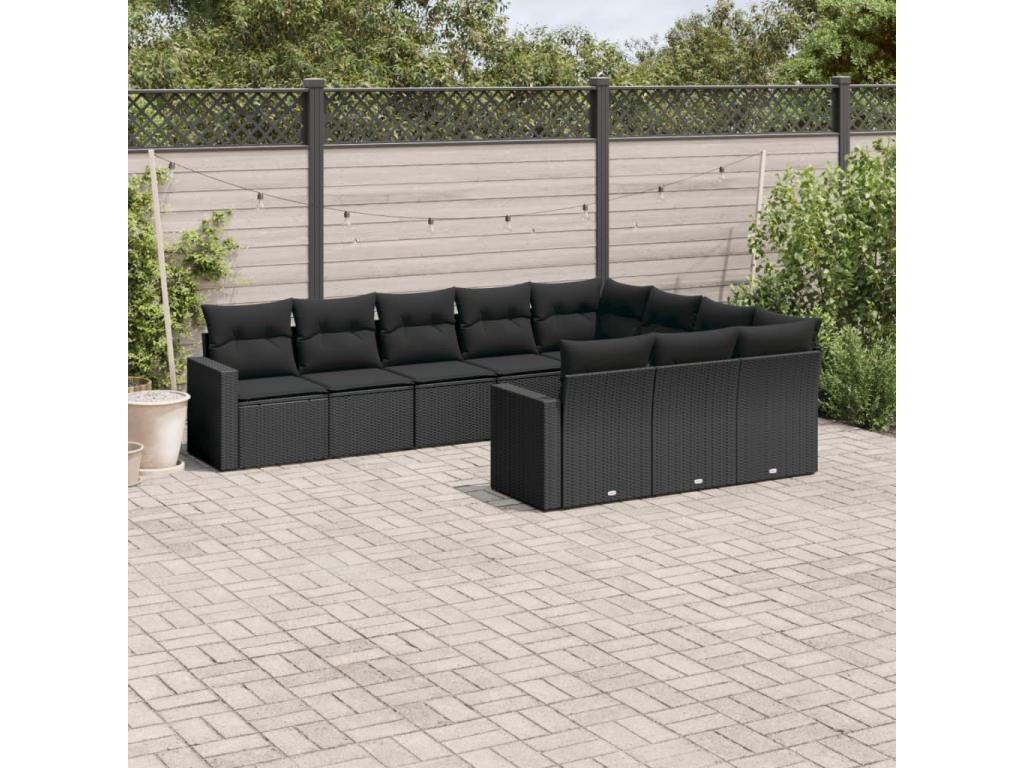 10-piece garden furniture set with cushions, black woven resin LJXQ88767