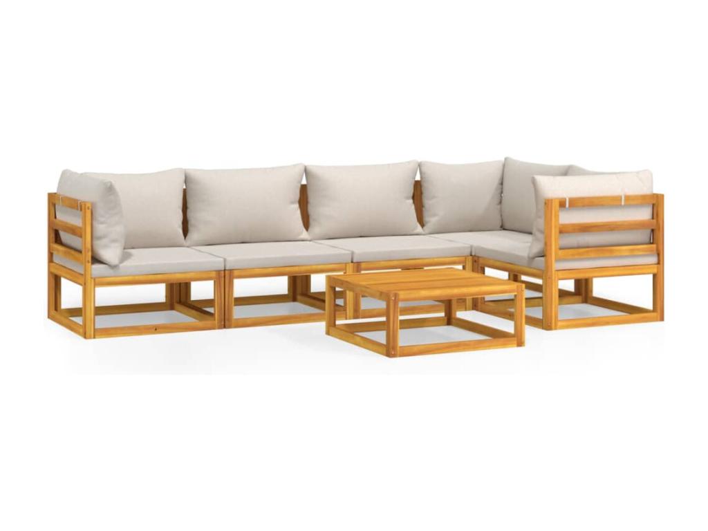 6-piece garden furniture set with light grey cushions, solid wood WUIO52806