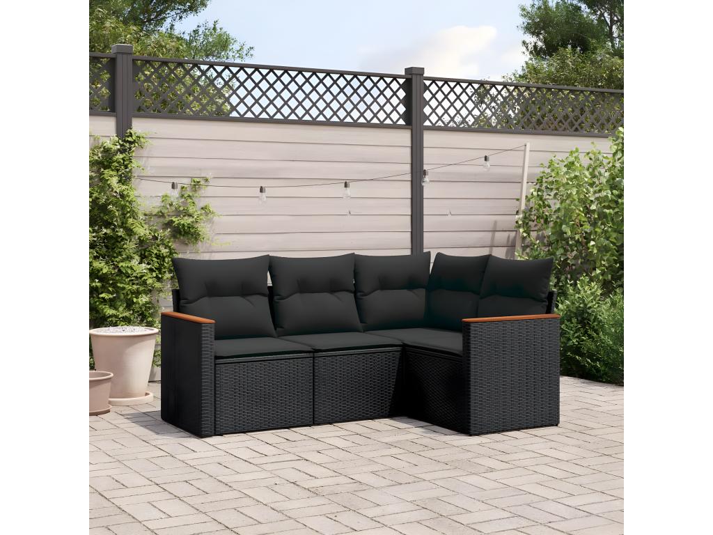 4-piece garden furniture set with cushions, black woven resin GOLU50787
