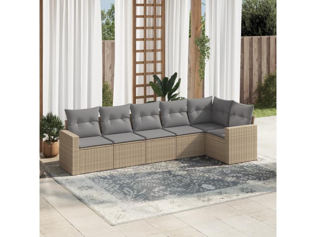 6-piece garden furniture set with cushions, beige woven resin PNGW71036