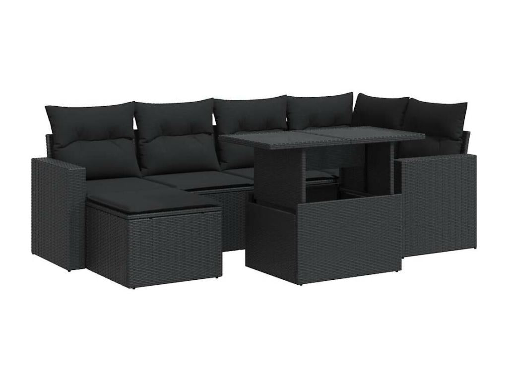 7-piece garden furniture set with cushions, black woven resin FBBR28182