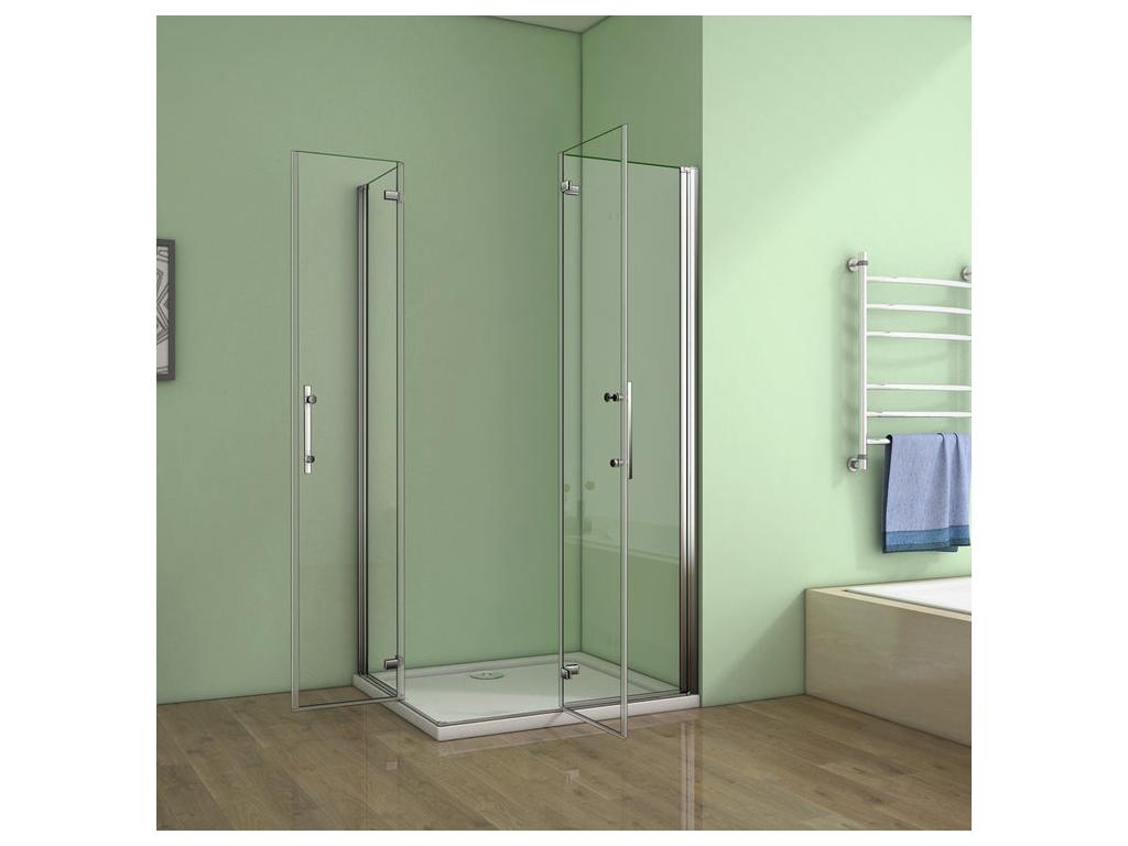 Pivoting and folding shower enclosure 90x90x195cm in 6mm tempered glass with anti-limescale coating and stainless steel handle KQDX00367