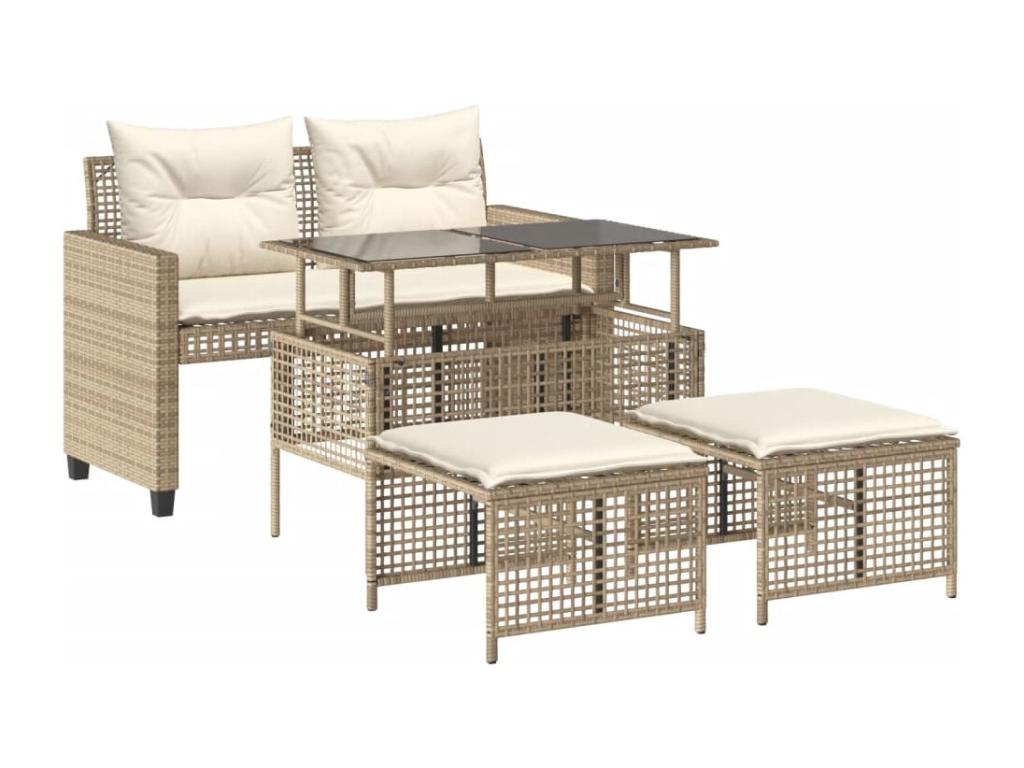 Garden furniture set with cushions, 4 pieces, beige woven resin, glass YFCV91608