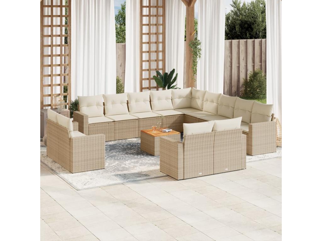 Garden furniture set with cushions, 14 pieces, beige woven resin, OODT44864