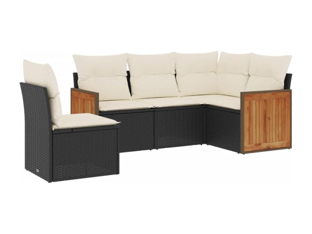 5-piece garden furniture set with cushions, black woven resin QGOI17596