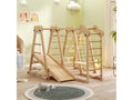 7-in-1 Children's Play Area - with Slide, Climbing Bar, Swing, Climbing Rope, and Net Ladders - Wood Color MSAU71666