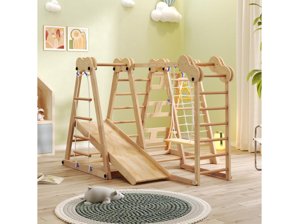 7-in-1 Children's Play Area - with Slide, Climbing Bar, Swing, Climbing Rope, and Net Ladders - Wood Color MSAU71666