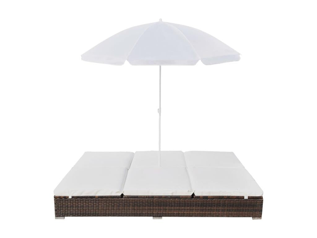 Outdoor sun lounger with parasol, brown woven resin, YDKL70713