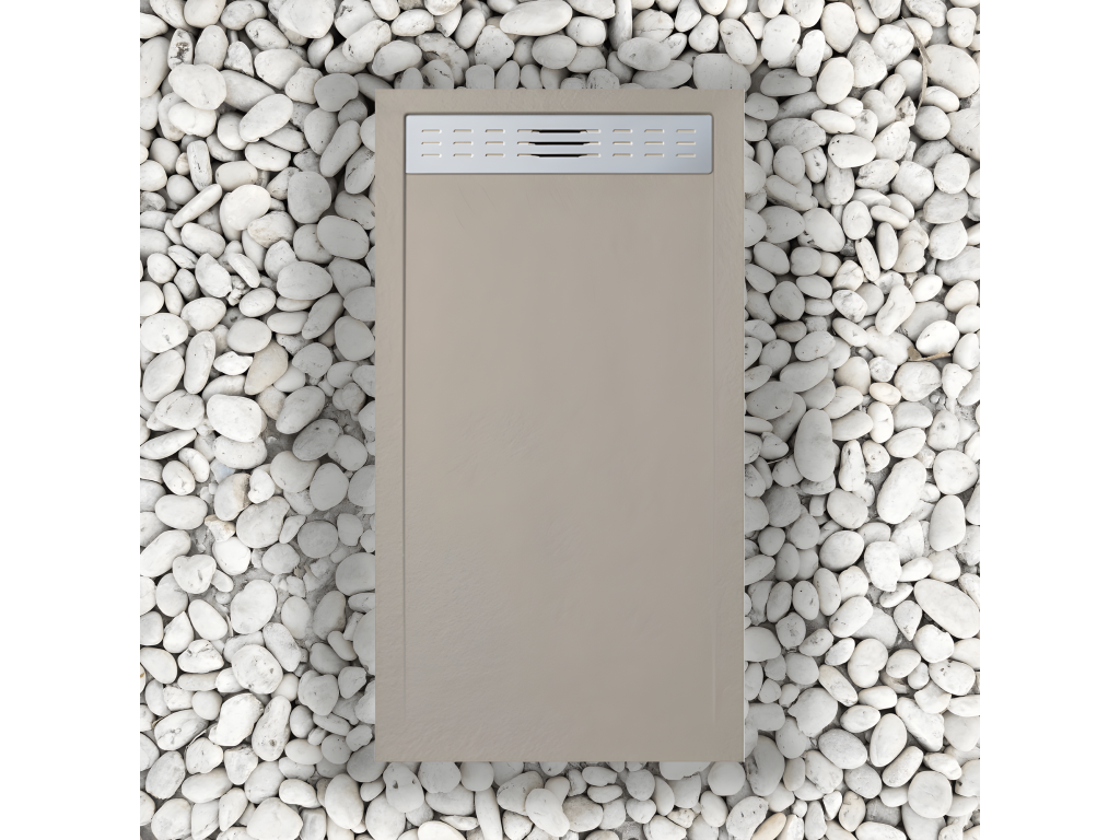 80x135 cm shower tray with side grate, Meublori Slim, Ral 1001, made of synthetic resin and marble powder, with drain