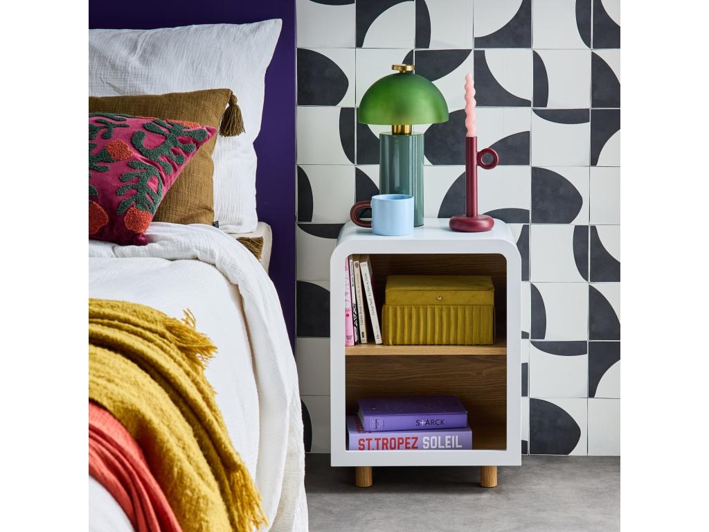 Bedside table with white and natural wood effect - 2 niches DKWT33655