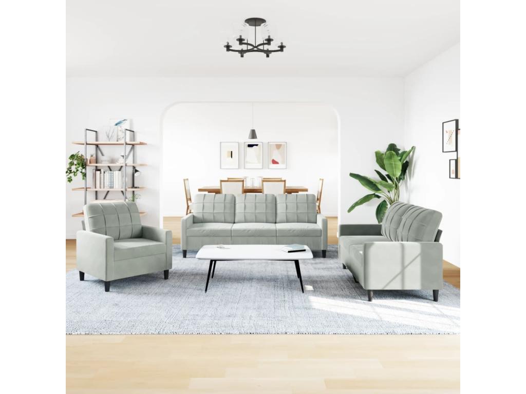 3-piece sofa set with cushions, light grey velvet AZES66519